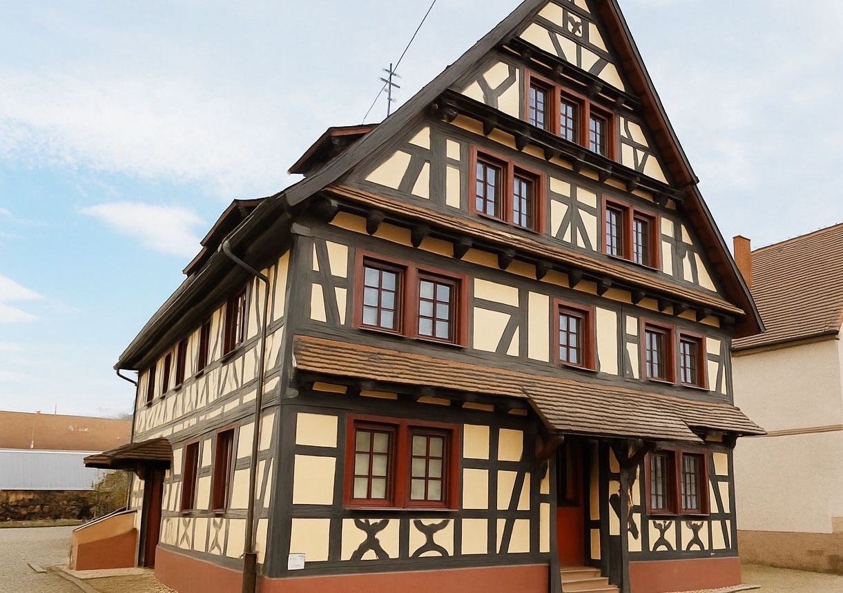 Denkmalgeschütztes Fachwerkhaus mit dunklem Gebälk, hellen Gefachen und rot gefassten Sprossenfenstern.